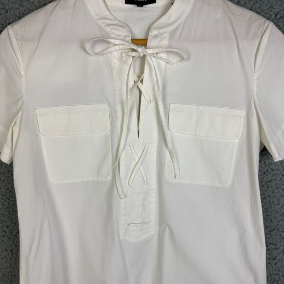 Theory White Short Sleeve Lace Up Collar Pocket Shirt Top Size S - Picture 4 of 9